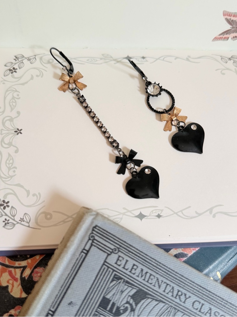 Betsey Johnson Black Heart Drop Earrings with Gold Bows